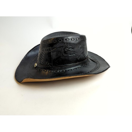 440 - Tooled black leather cowboy sombrero hat, made in Mexico