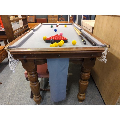 90 - E. J Riley small sized snooker table L163 x D87 x H84cm with balls and two cues