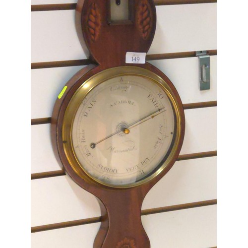 149 - Inlaid mahogany cased barometer thermometer. Face marked A. Carioli. With brass surround.