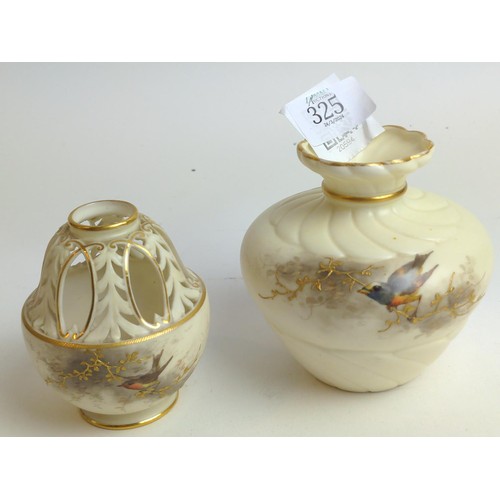 325 - Two Grainger & Co. Royal China Works Worcester hand painted vases decorated with birds and gilt ... 