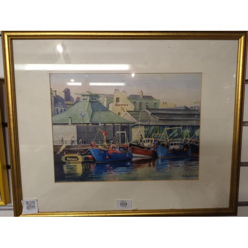 109 - R Basker- Watercolour of The Barbican, Plymouth signed. 54cm x 43cm framed