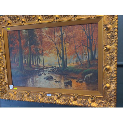 139 - Oil on canvas of a woodland scene (unsigned) With an ornate gilt frame. 99cm x 74cm