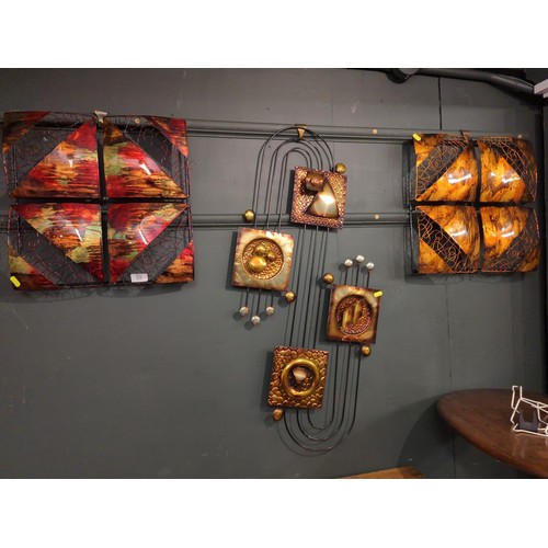 115 - Three copper and metal wall decoration. Largest 90 cm long