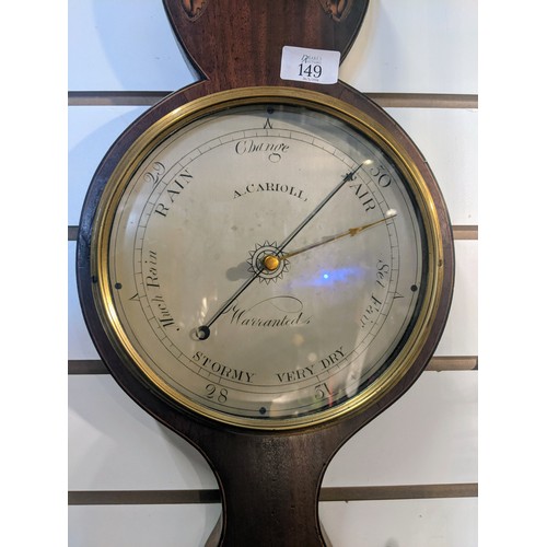 149 - Inlaid mahogany cased barometer thermometer. Face marked A. Carioli. With brass surround.