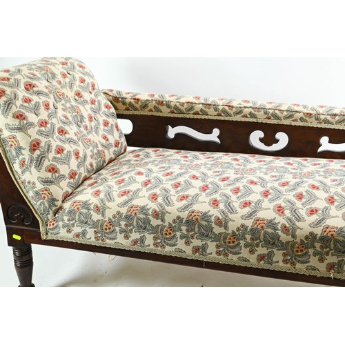 10 - An early C20 chaise longue, with thistle upholstery and fretworked back rest. L170cm D63cm H72cm. On... 
