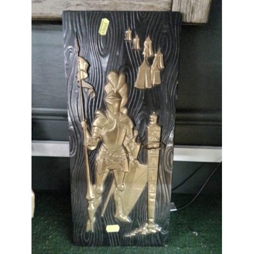 150 - Two pieces of art depicting medieval horsemen and other. Largest 54 x 40 cm