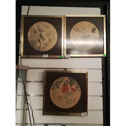 152 - Three framed oriental silk prints 9f floral and fauna. 32 x 32 cm