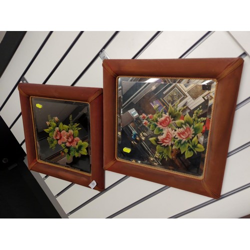 31 - Two square bevelled mirror with velvet frames and hand painted with flowers. Dia. 55cm