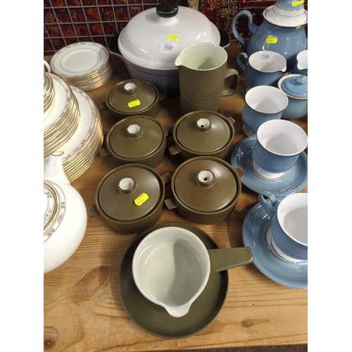 33A - Six Denby chevron lidded soup bowls, a jug and a lidded tureen (not chevron)