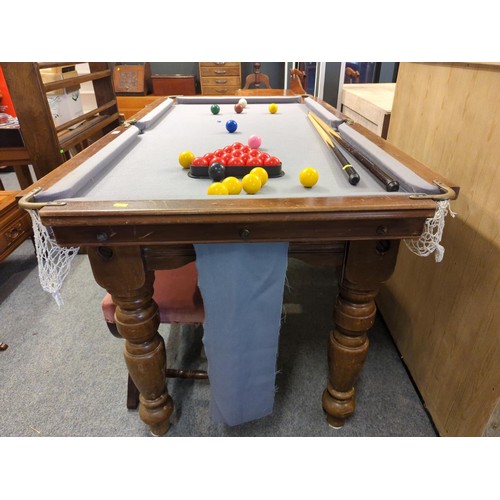 80 - E. J Riley small sized snooker table L163 x D87 x H84cm with balls and two cues