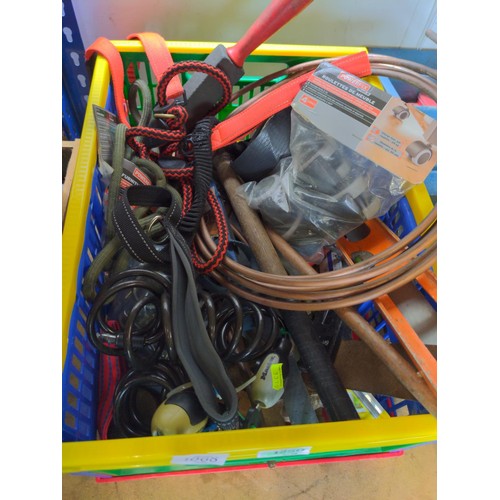 1068 - Box of mixed items inc Bike locks, hand saws, gold hdmi cable, copper pipe, casters in bags etc