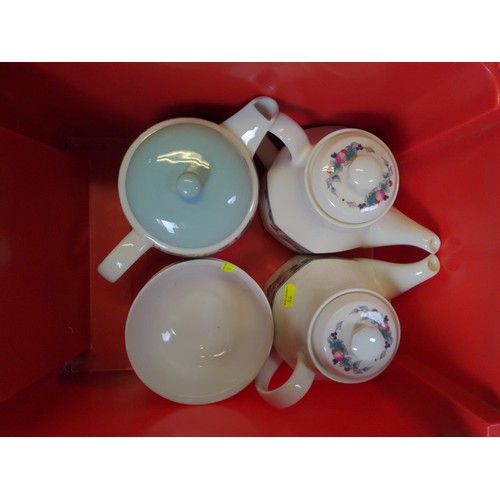 1075 - 2 red & green plastic boxes of Portmerion studio ware, 2 x R Doulton Autumn glory teapots plus o... 