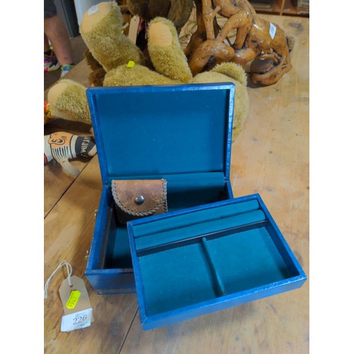 226 - Small leather covered jewellery box with tray & handles along with a small leather purse