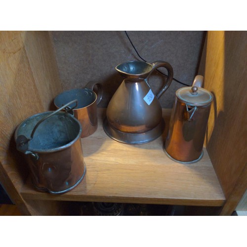 230 - 4 small copper items inc 1pt measure and a quart jug