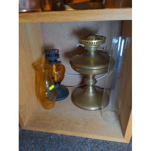 231 - 3 oil lamps , the large brass base is missing the flue.