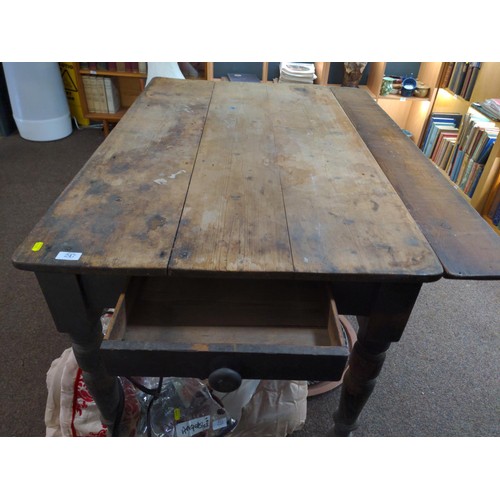 247 - Pine farmhouse kitchen table with 2 drawers & 1 drop-leaf.Full size 130 x 90 cms, ht 75 cms... 