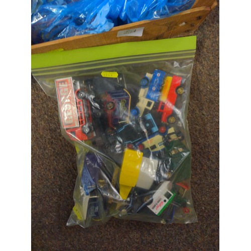 254 - Box of assorted plastic soldiers plus a bag of vintage toy cars by Corgi, Days Gone by etc