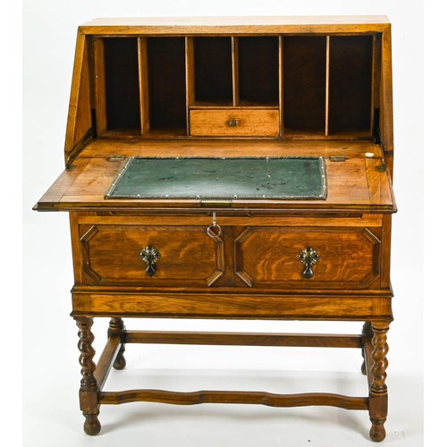 13 - Oak bureau with two drawers, with key W76 x D42 x H101cm