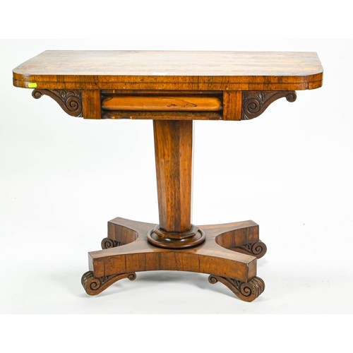 18 - Folding card table on pedestal base with red felt baize and ornately carved front W92 x D91 x H73cm ... 