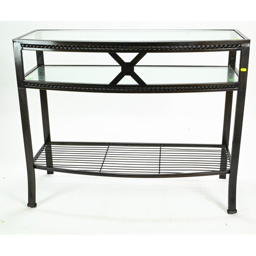 19 - Curved front modern console table, metal framed with two glass shelves W105 x D44 x H84cm