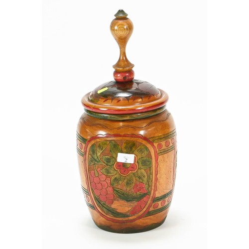 2 - Large painted and carved lidded storage jar, ht. 54cm dia. approx. 25cm