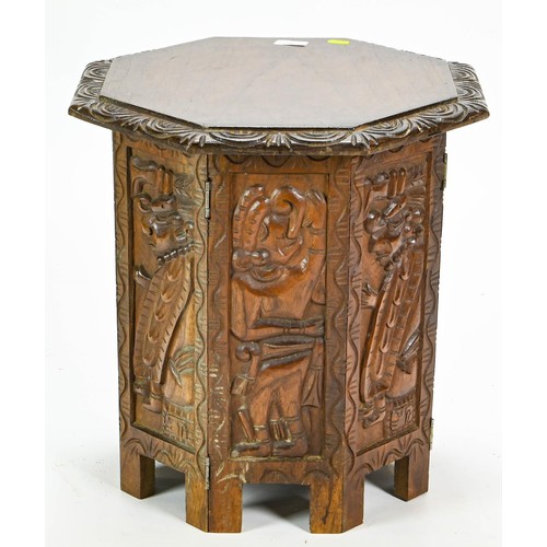27 - Small Eastern, heavily carved octagonal folding table dia. 45cm x ht.49cm