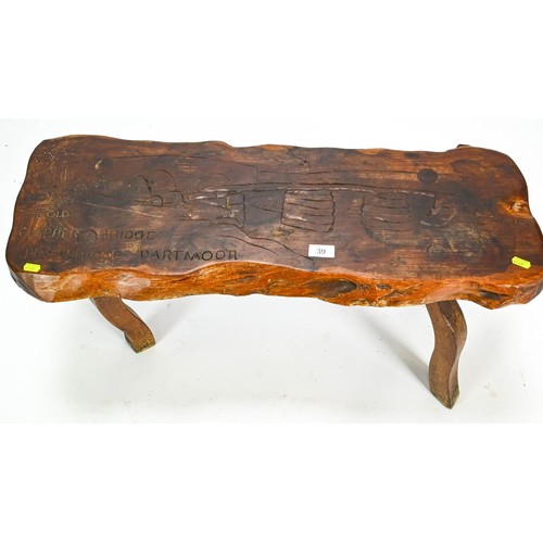39 - Rustic scratch built oak stool carved to top with 'The Old Clapper Bridge, Postbridge' l85 x w35 x h... 