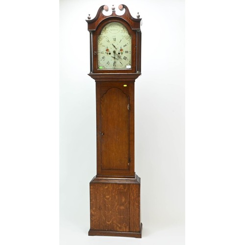 Oak cased grandfather clock, face marked 'Jn. Bower Kirriemuir' with enamelled and gilt face with roman numerals and body with glazed side panels, with key, W50 x D24 x H208cm