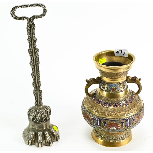 53A - Japanese brass decorative vase together with a metal lion's paw door stop
