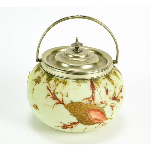 56 - Glass and white metal biscuit barrel handpainted with shells dia. 16cm x ht14cm