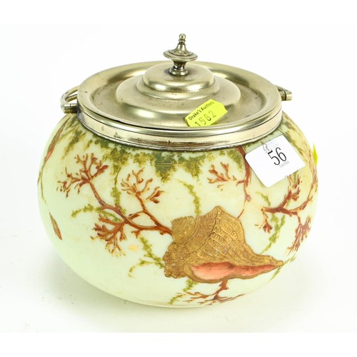 56 - Glass and white metal biscuit barrel handpainted with shells dia. 16cm x ht14cm