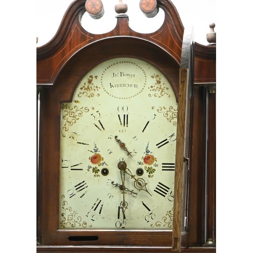 5 - Oak cased grandfather clock, face marked 'Jn. Bower Kirriemuir' with enamelled and gilt face with ro... 
