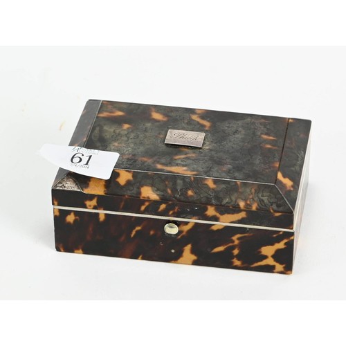 61 - Small rectangular tortoiseshell mounted box, with plaque engraved 'Philip', labelled to inside cover... 