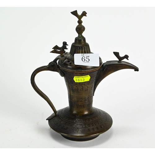 65 - Brass Arabic coffee pot, ornately decorated  ht.21cm