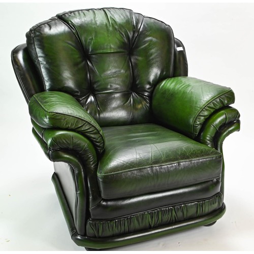 7 - Thomas Lloyd green leather armchair with wooden bun feet W100cm, seat height 45cm approx.