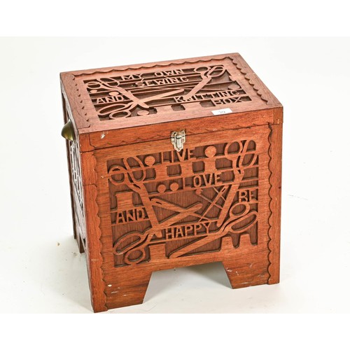 79 - Stained pine decorative work box containing a large quantity of haberdashery items W41 x D33 x H42cm