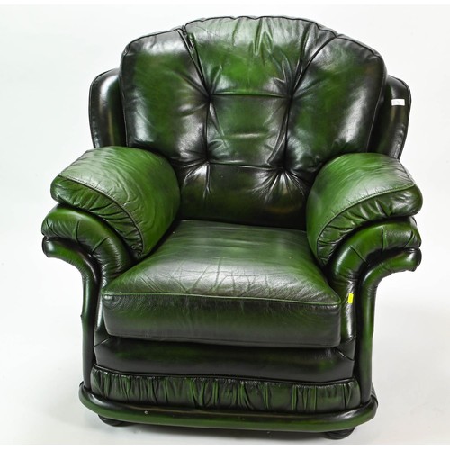 7 - Thomas Lloyd green leather armchair with wooden bun feet W100cm, seat height 45cm approx.
