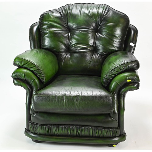 8 - Thomas Lloyd green leather armchair with wooden bun feet W100cm, seat height 45cm approx.
