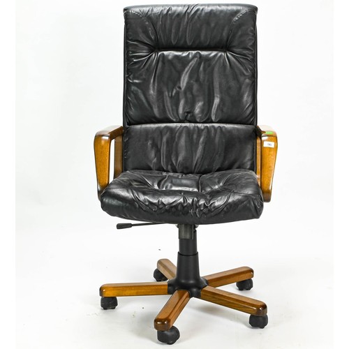 96 - Wood and leather office chair on castors