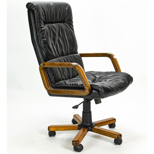 96 - Wood and leather office chair on castors