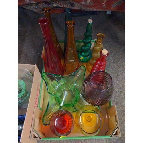 261 - 2 boxes of coloured glassware inc bottles & large goblets