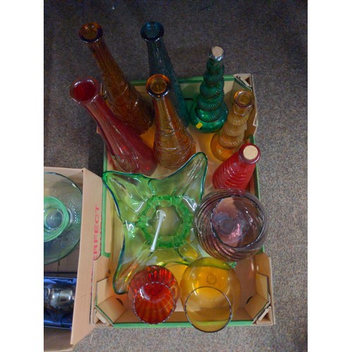 261 - 2 boxes of coloured glassware inc bottles & large goblets