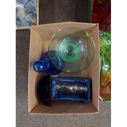 261 - 2 boxes of coloured glassware inc bottles & large goblets