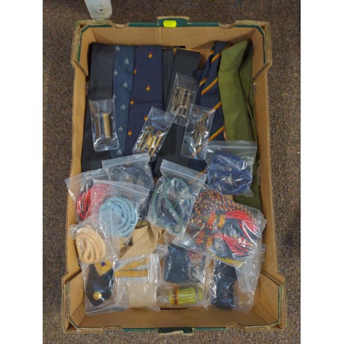 263 - Selection of ties, badges, buckles, lanyards etc