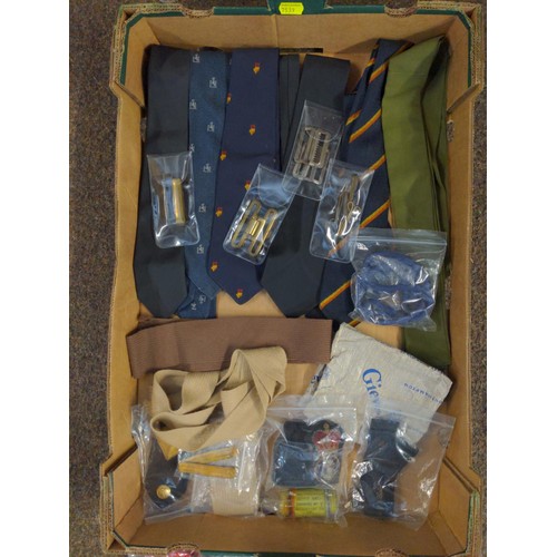 263 - Selection of ties, badges, buckles, lanyards etc