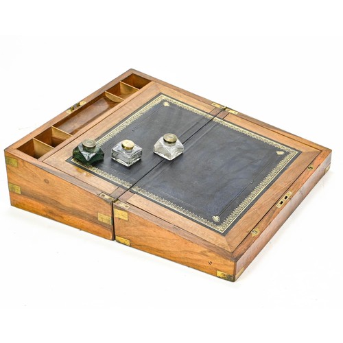 110 - Writing slope complete with ink bottles and navy leather writing surface, with key W45.5 x D25 x H7c... 