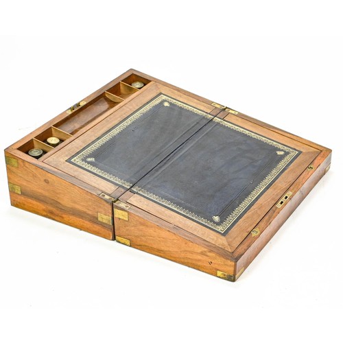 110 - Writing slope complete with ink bottles and navy leather writing surface, with key W45.5 x D25 x H7c... 