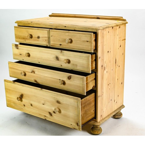 111 - Stripped pine two over three chest of drawers with bun feet and galleried back W87 x D45 x H87cm