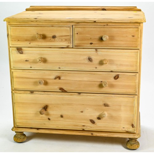 111 - Stripped pine two over three chest of drawers with bun feet and galleried back W87 x D45 x H87cm