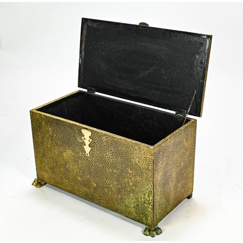 113 - Copper and brass log box on claw feet W53 x D28 x H32cm
